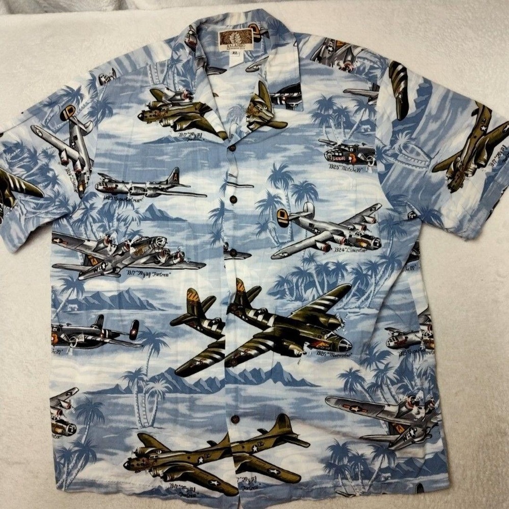 Kalaheo Shirt Mens XL Blue Aviation Hawaiian Rayon Button Up Floral Bomber USA